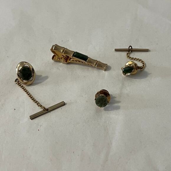 Tie Tacks Jade Yellow Gold plated tie tacks and lapel pin - Picture 1 of 11